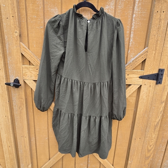 Olive Green Long Sleeve Tiered Dress - Picture 3 of 3